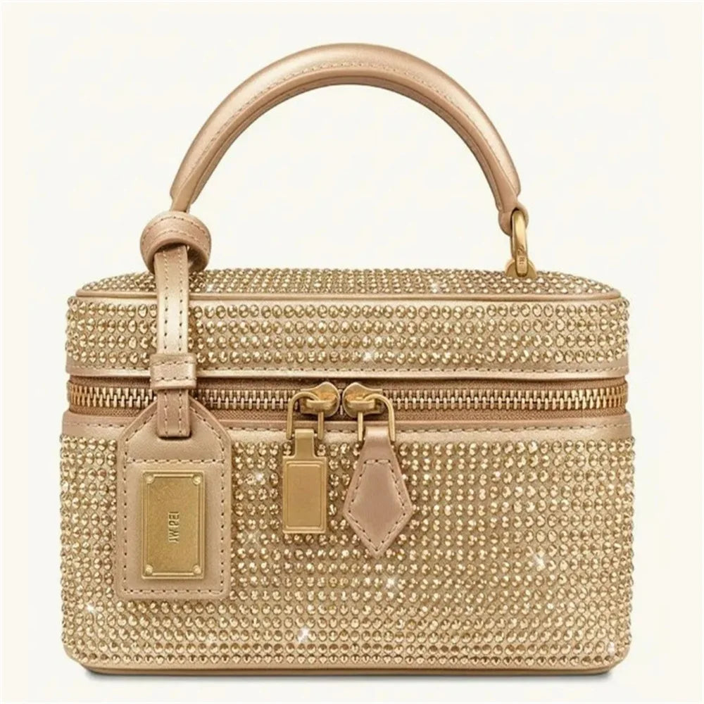 New JWPEI Cleo Crocodile-Print Diamond-Embellished Box Bag, Square Handbag, Crossbody Shoulder Bag, Small Square Bag