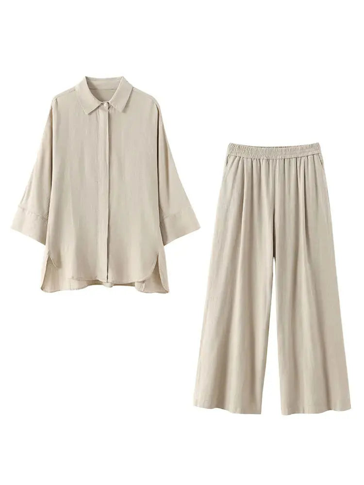 HH 2025 Damen 2-teiliges Set, elastische Taille, Taschenfalten, verziert breite Beinhosen + solides einreihiges Blusenoberteil mit Schlitz am Saum