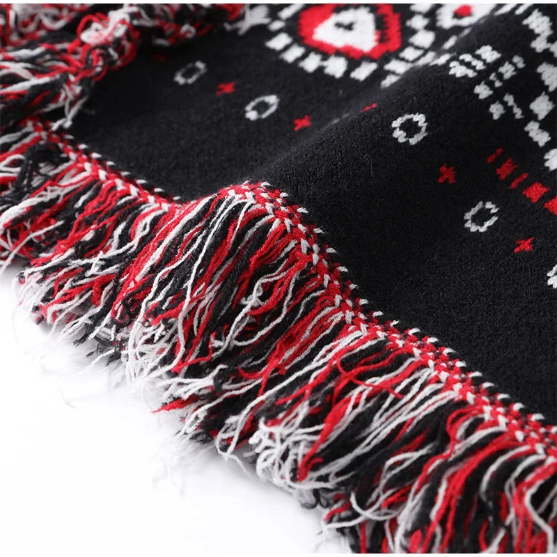 2026 frühling Quaste Gestrickte Jacquard frauen Strickjacken Lose Patchwork V-ausschnitt Langarm Dicke Warme Pullover Dame Neue Strickwaren