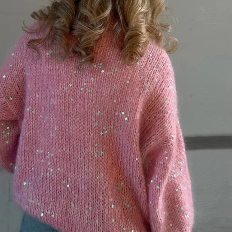 Casual Pailletten Lose Pullover Frauen Volle Hülse Gestrickte Solide Shinny Revers Reißverschlüsse Pullover Weibliche 2026 Frühling Dame Outwears