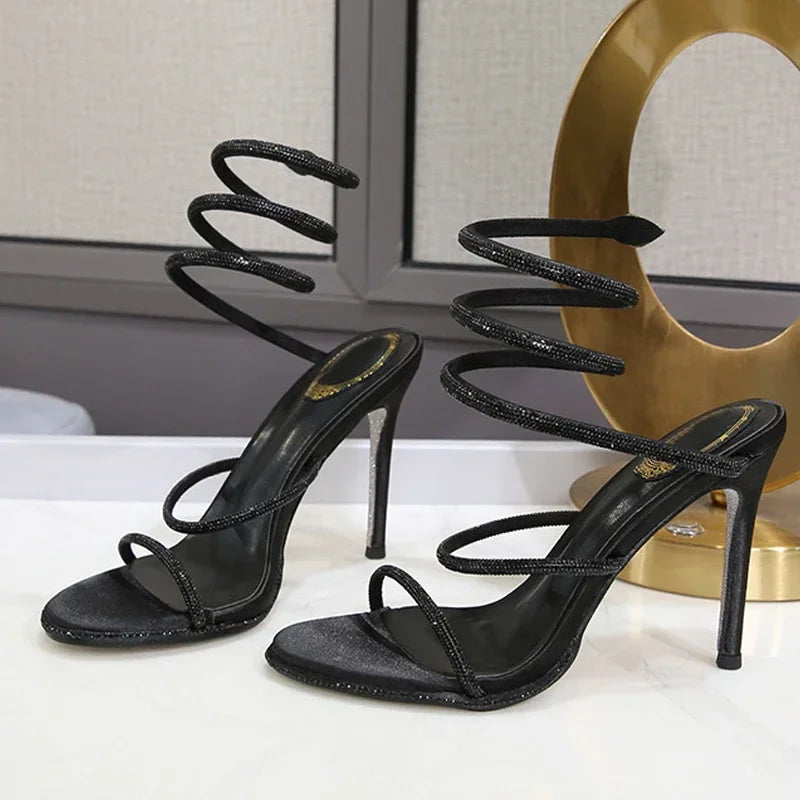 Eilyken Street Style Crystal Diamonds Ankle Strap Women Sandals Sexy Open Toe Thin High Heels Party Prom Summer Shoes