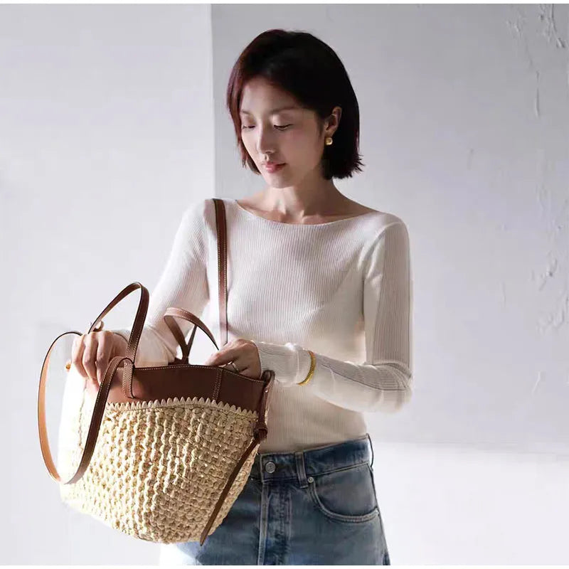 Women Straw 2in1 Woven Bag Fashion Plush Wings Armpit Bag Large Capacity Dumpling Straw Shoulder Bag For Summer Beach Bucket Bag