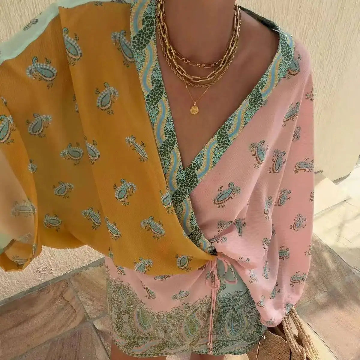 Bohemian Paisley Print Wrap Blouse Women V Neck Kimono Sleeve Self Tie Side Split Tunic Top Summer Beach Cover Up Casual Boho Ho