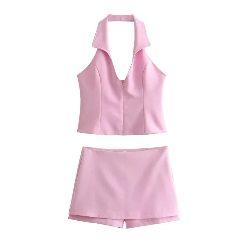 2-teiliges Sommer-Set für Damen, hohe Taille, Gesäßtasche, Miniröcke, Shorts, sexy V-Ausschnitt, ärmellos, rückenfrei, Hosenträger, Reißverschluss
