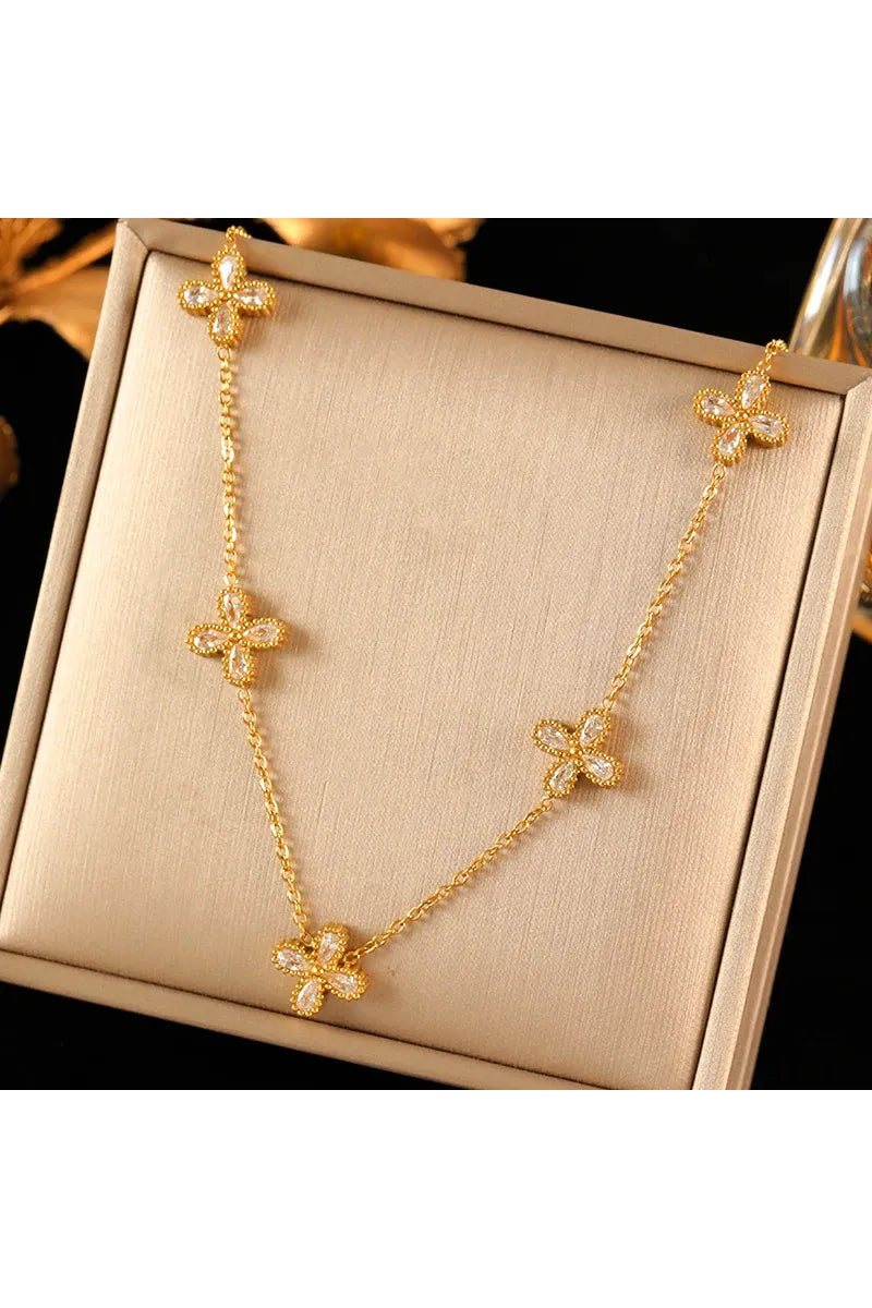 EILIECK 316L Edelstahl Blume Blütenblatt Zirkon Halskette Ohrringe Armband Set Für Frauen Mode Wasserdicht Schmuck Party Geschenk