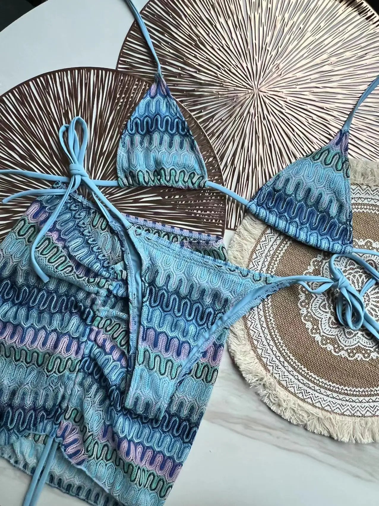 2025 New 3 Pieces Bikinis Sets Knitted Stripe With Skirt Knitting Beachwear Sexy Women's Swimsuit Cover-ups Strappy Beach Wear