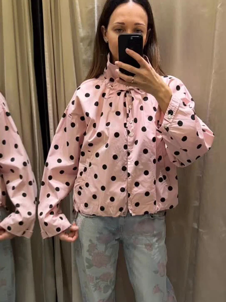 HH Damen Langarm Rosa Gepunktete Jacke Modische Einreihige Hochkragen Kurze Jacke Damen Frühling Lässige High-Street-Jacke