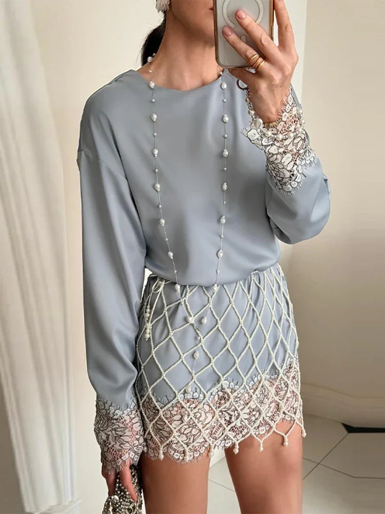 Lady Chic Diamond Beaded Tassel Hem Skirt 2026 Lace Trim Full Sleeve Shirt Short Skirt Outfits Casual Luxury Satin 2 Piece Set