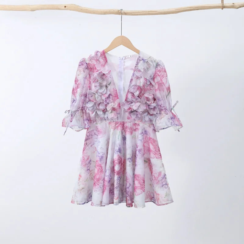 Chic Floral Printed Mini Dress Backless Sleeveless Hem Stacking Dresses Sweet A Line Vestidos 2025 New Lady Party Club Clothing