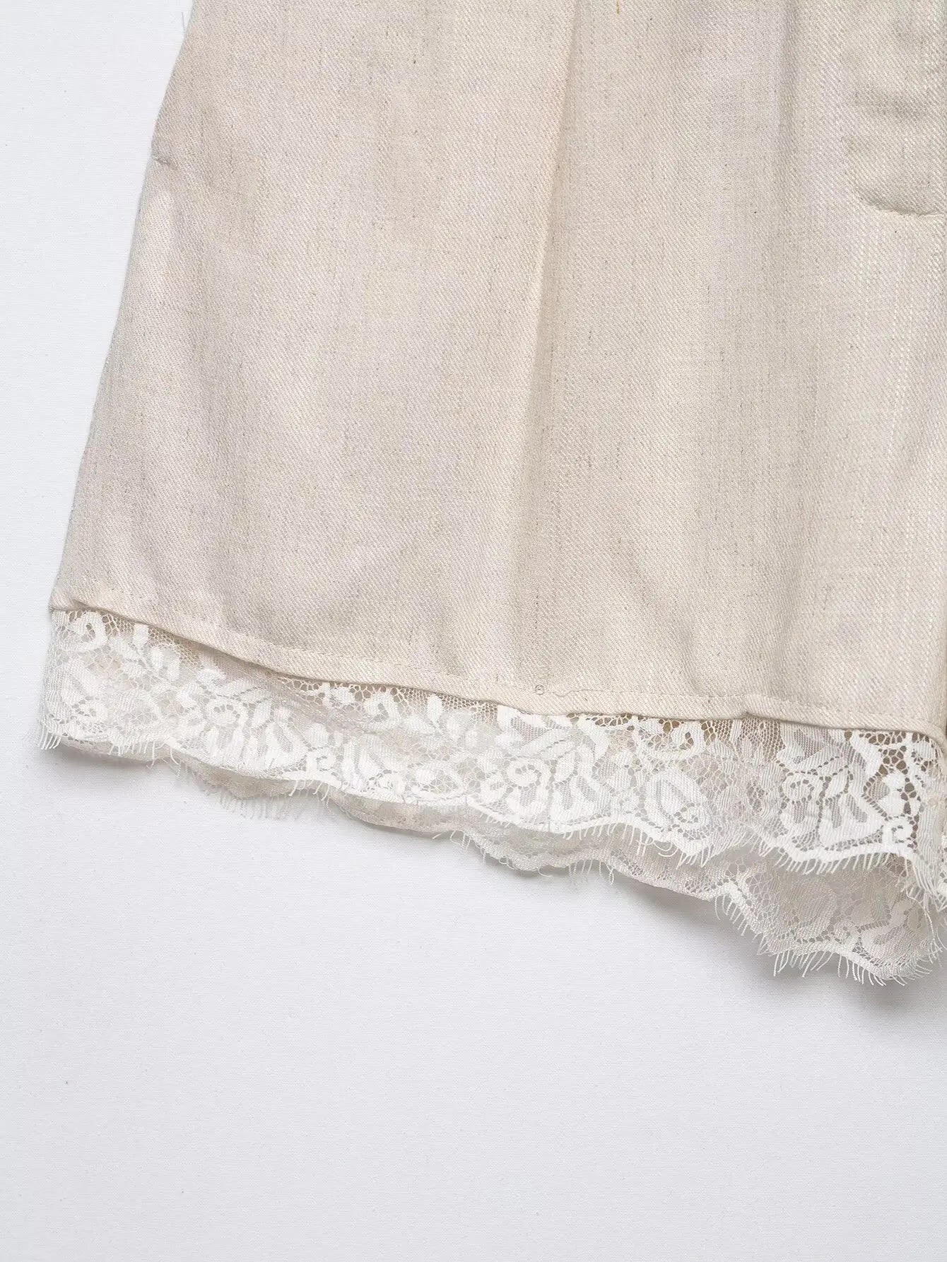 BSAY Lace Patchwork Shorts 2pc Suit Women's Summer Short Sleeve Lapel Blazer Front Pleated A-line Wide Leg Pants Chic Set