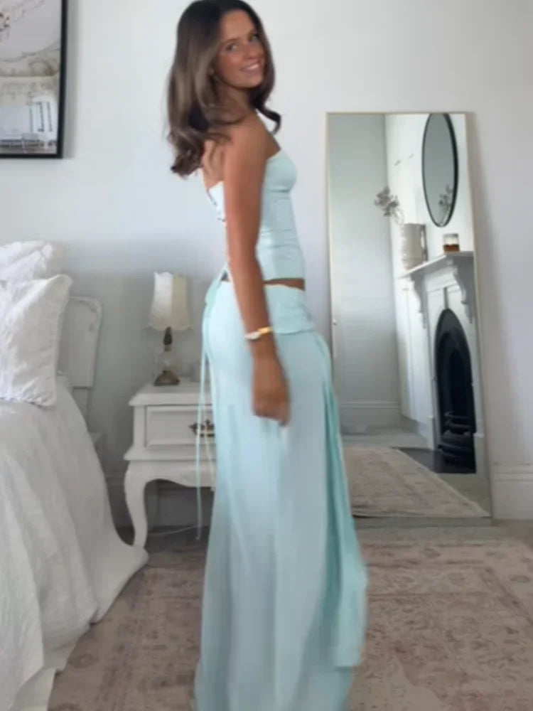 Solid Thin Skirts Set for Women Lace Up Strapless Tight Top Low Waist Straight Skirt 2026 NEW Summer Vacation Party Lady Outfit