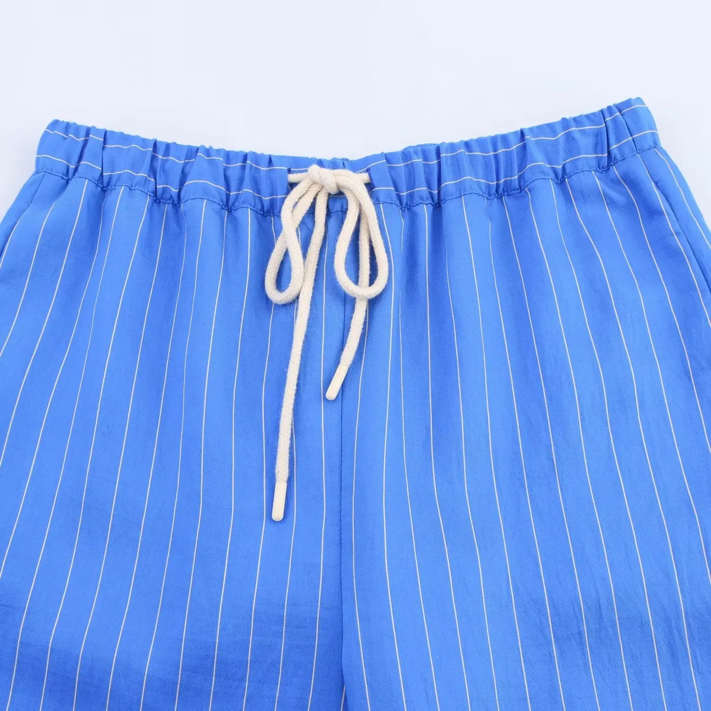 HH Women Striped Pants Suit Loose Lapel Long Sleeve Pocket Single-breasted Blouse+Summer Pajama Style Drawstring Pants
