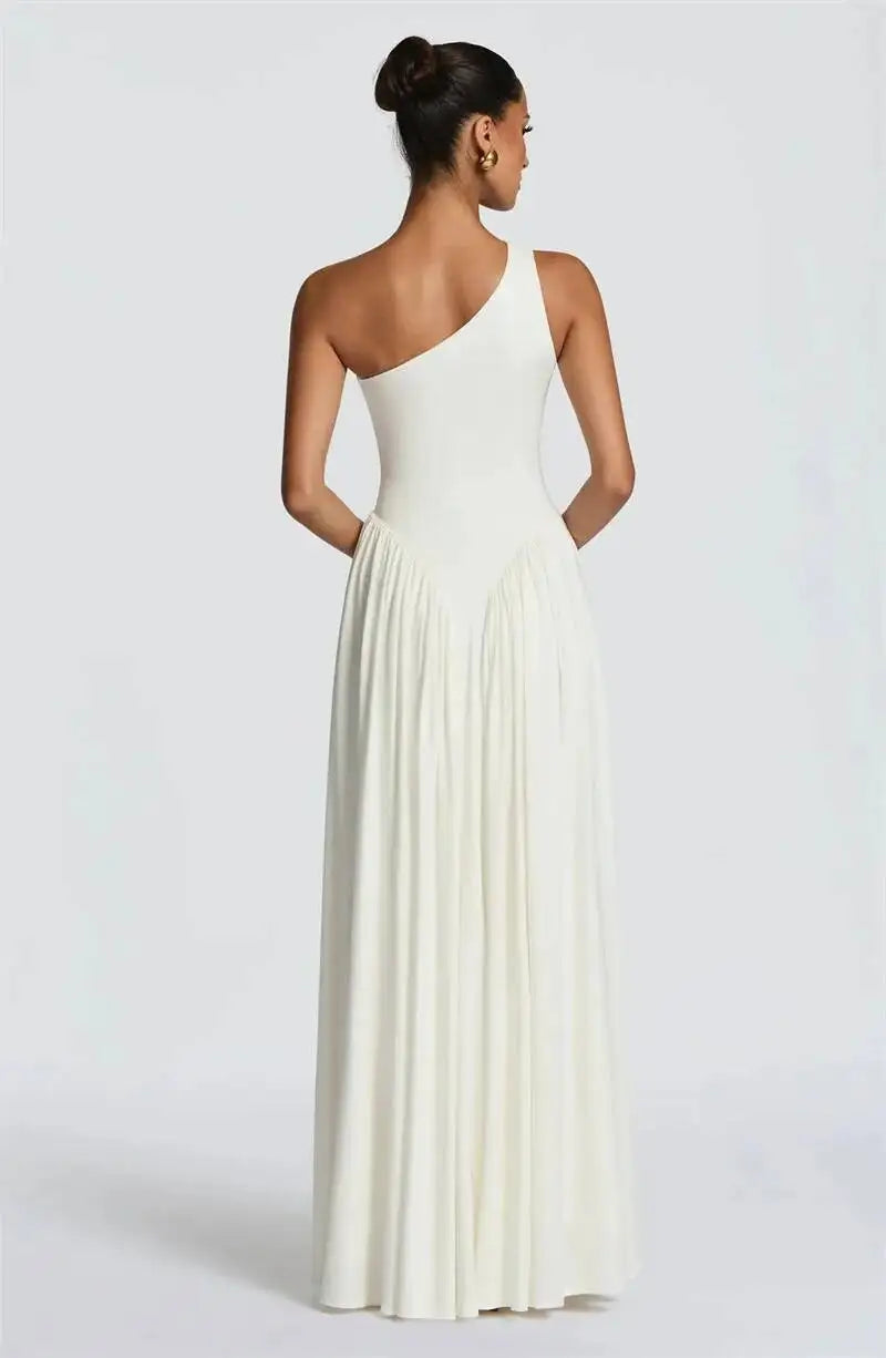 Mozision One Shoulder Backless Sexy Maxi Dress Women Elegant Diagonal Collar Sleeveless Bodycon Pleated Club Party Long Dresses