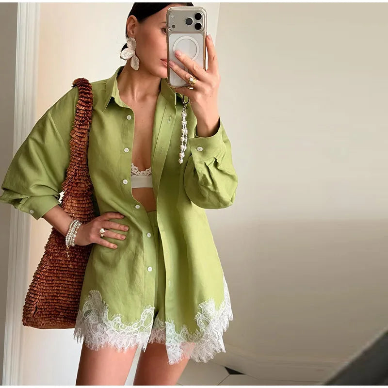 Strandhemden & Shorts Outfits für Damen: Revers, Einreiher, Lange Ärmel, Spitzen-Patchwork-Sets – Frühling/Sommer 2026 Urlaubs-Sets für Frauen