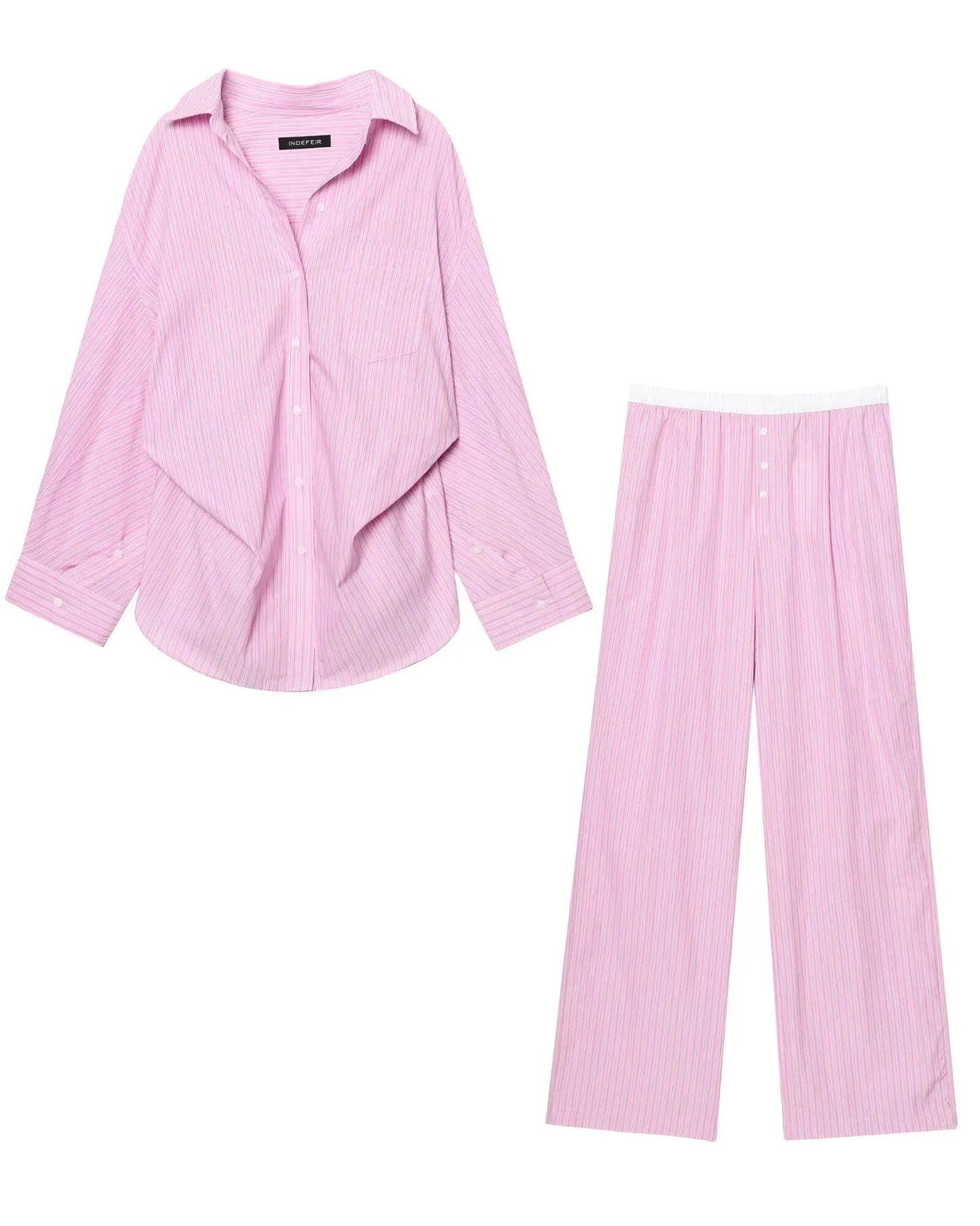 HH Women's Striped Pants Suit Bat Sleeve Loose Poplin Shirt+Elastic Waist Side Pocket Boxer Panties Pajama Style Casual Pant