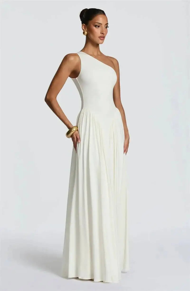 Mozision One Shoulder Backless Sexy Maxi Dress Women Elegant Diagonal Collar Sleeveless Bodycon Pleated Club Party Long Dresses