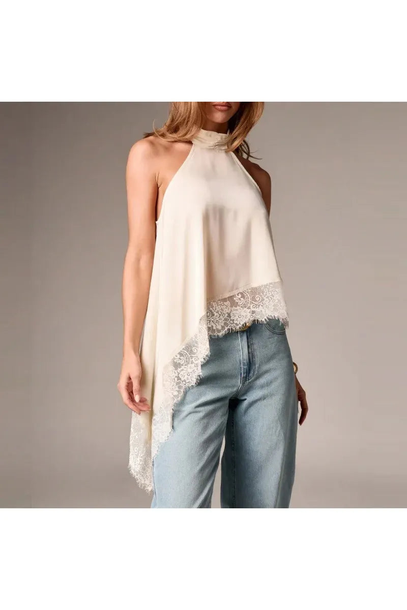 LUNA - Satin Lace Neckholder Top – Elegantes Abend Crop Top