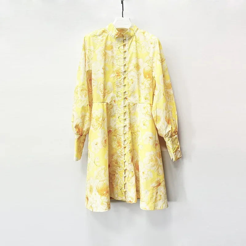 Elegant Floral Print Mini Dress 2025 New Style Stand Collar Single Button Belt Lantern Sleeve Holiday Maxi Skirt Dress