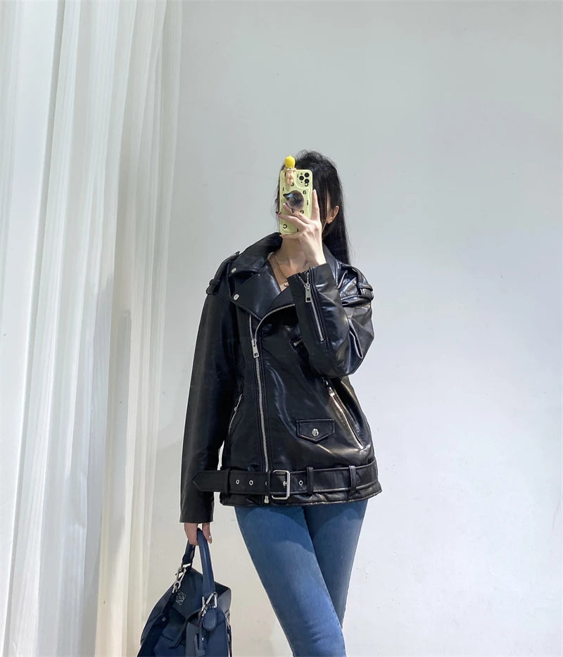 Neue 2025, Damen-Motorrad-Leder, PU-Kunstleder, lockere Jacke, schwarze Jacke