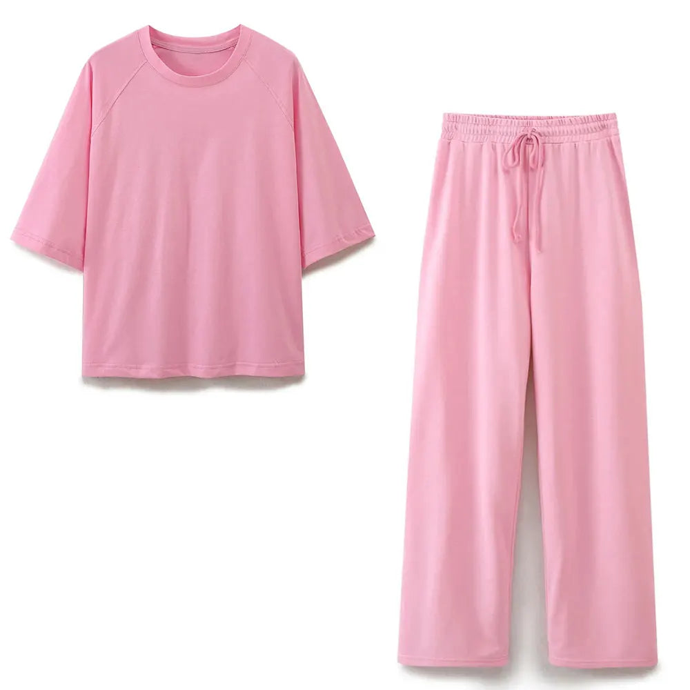 HH Sommer Frauen Casual T-shirt Hose Sets Elegante Rosa O Hals Kurzarm T-Shirt + Kordelzug Lose Hosen Frühling Anzug