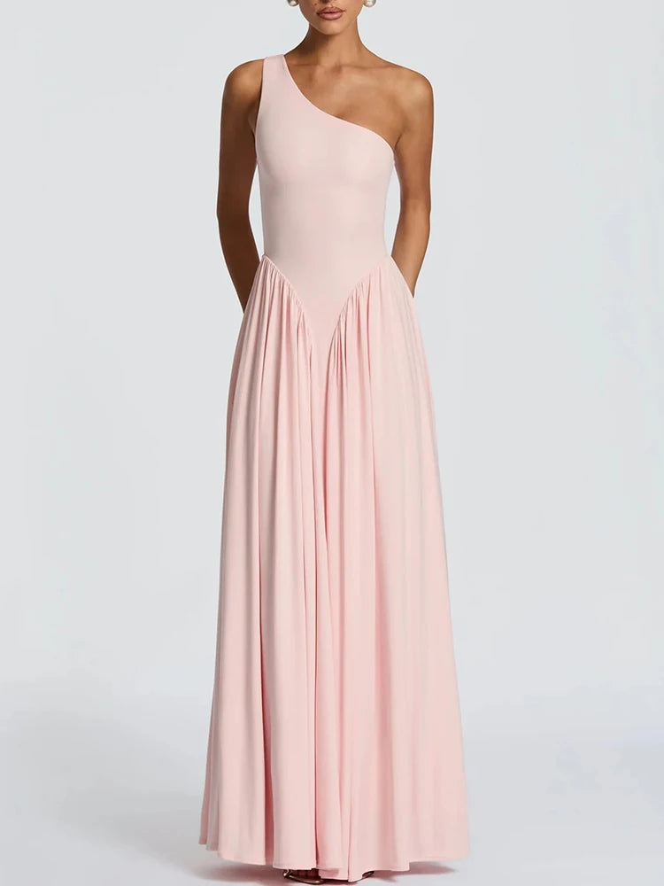 Mozision One Shoulder Backless Sexy Maxi Dress Women Elegant Diagonal Collar Sleeveless Bodycon Pleated Club Party Long Dresses