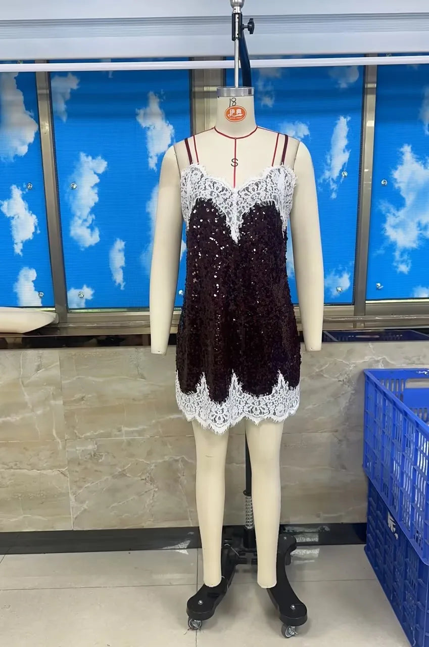 Women Shinny Sleeveless Spaghetti Strap Dress Summer Sequin Sparkly Lace Patchwork V-Neck Party Club Mini Dress Night Gown