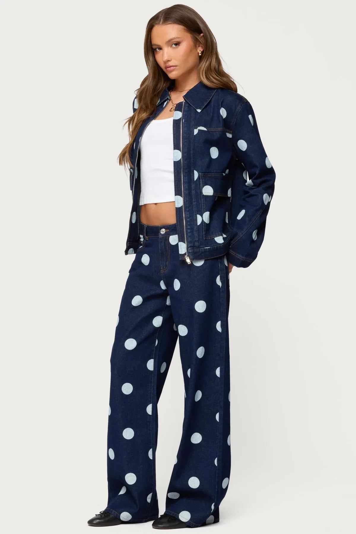 Lässige Gepunktete Denim-Jeans für Damen in Dunklen Farben, Gerade Geschnittene Lange Hose im Komfortablen Pendler-Stil aus Baumwollstoff
