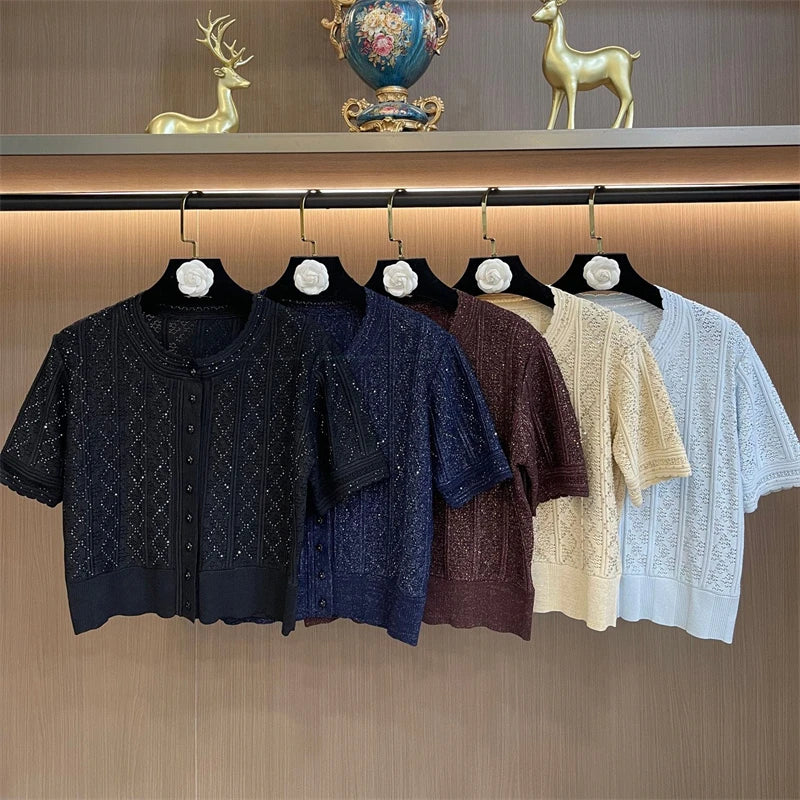 New Summer Women'sRound Neck Glitter Short SleeveStriped Knit Cardigan Set with High-Quality Elastic Waist Skirt (Two-Piece Set)