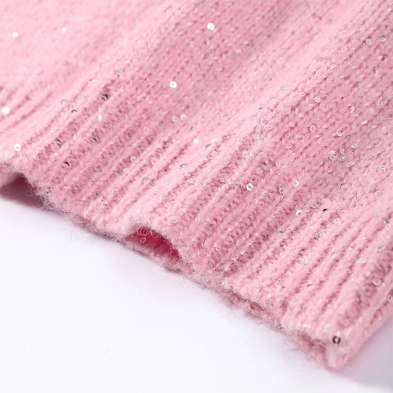 Casual Pailletten Lose Pullover Frauen Volle Hülse Gestrickte Solide Shinny Revers Reißverschlüsse Pullover Weibliche 2026 Frühling Dame Outwears