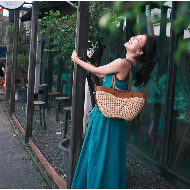 Women Straw 2in1 Woven Bag Fashion Plush Wings Armpit Bag Large Capacity Dumpling Straw Shoulder Bag For Summer Beach Bucket Bag