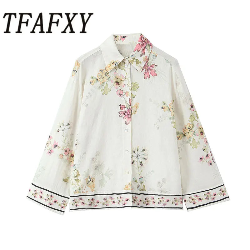 TFAFXY Thin Women Printed Blouse 2026 Spring Autumn Single-breasted Loose Shirt Female Casual Office Top Y2K