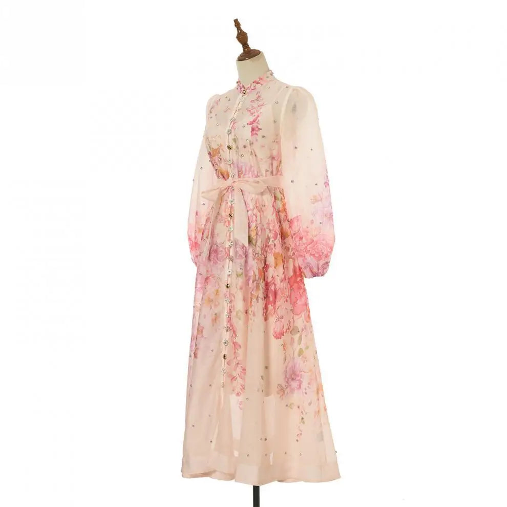 Spring Summer 2026 New Style Long Skirt Dress Women's Maxi Dress Diamond Floral Print High Waist Long Sleeve Street Style Ele...