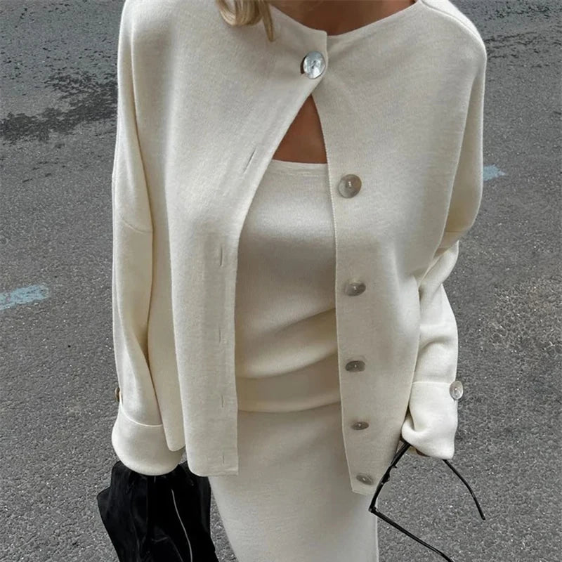 Mode Drei Stück Sets Frauen Outfits Solide Strick Weste Lose Einreiher Langarm Mäntel Winter Chic Maxi Rock Sets