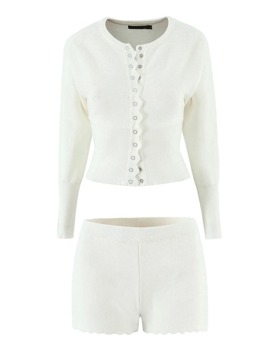 TWOTWINSTYLE Zwei Stück Set Für Frauen O Hals Laterne Hülse Patchwork Tasten Tunika Strickjacke Mittlere Taille Shorts Casual Anzug Weibliche