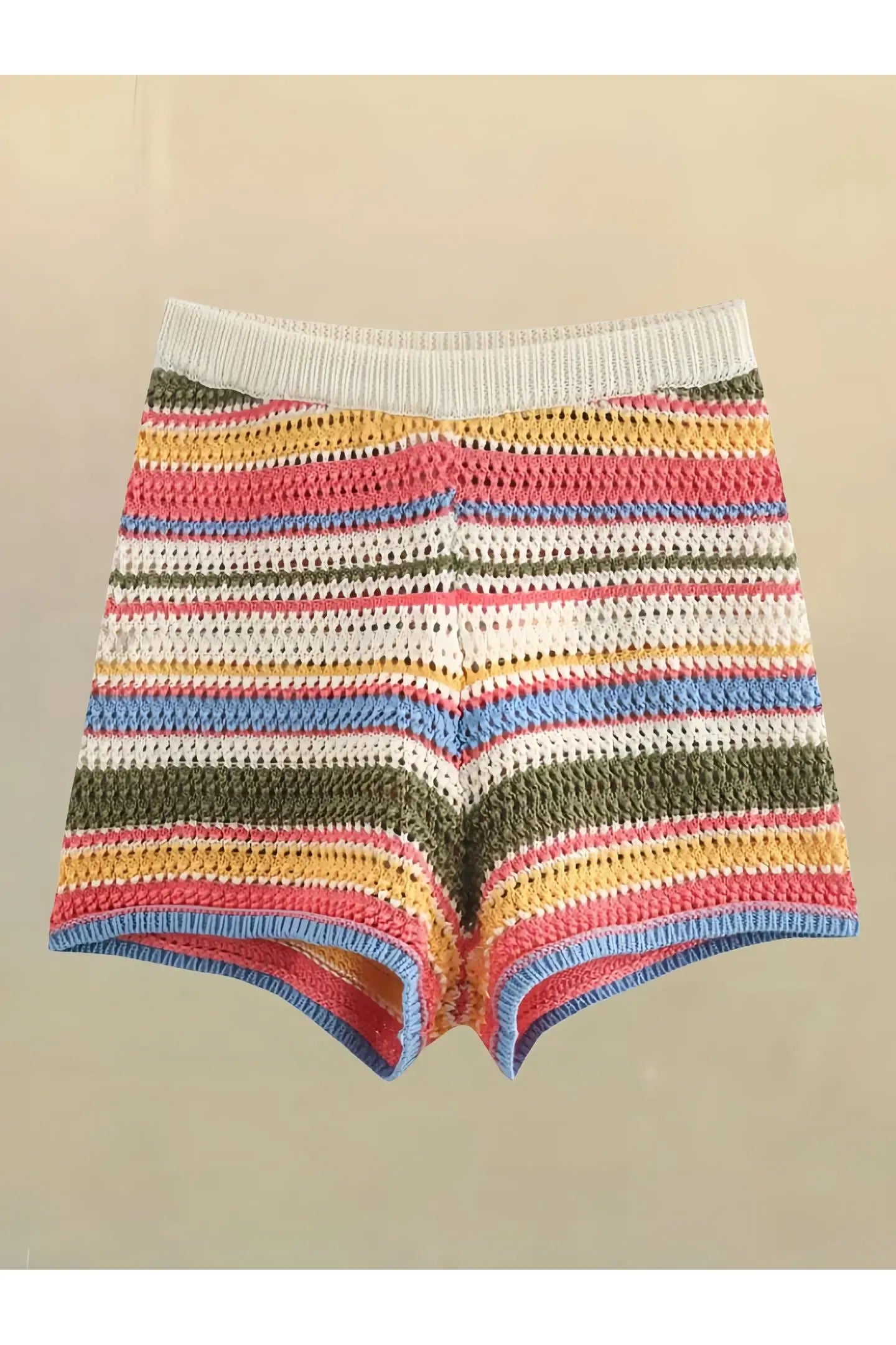 Frauen Patchwork Gestreiften Aushöhlen Häkeln Gestrickte Crop Pullover Shorts Set Kurzarm Polo Kragen Pullover Stricken Shorts Anzug Y2K