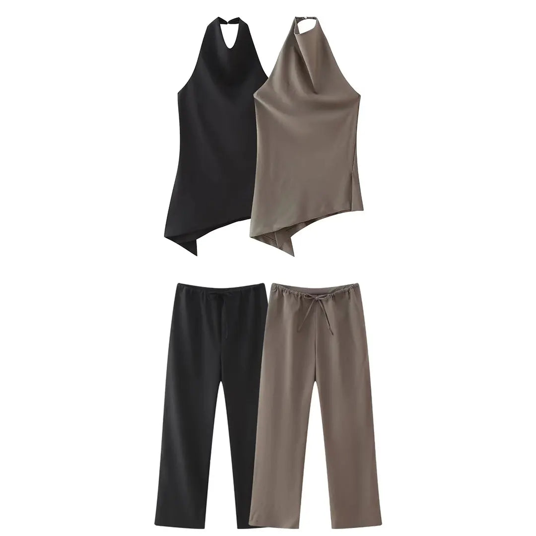 HH Women Vintage Solid Pant Sets Sexy Backless Halter Camis Top Asymmetric Tank Top + Drawstring Trousers Fashion Streetwear