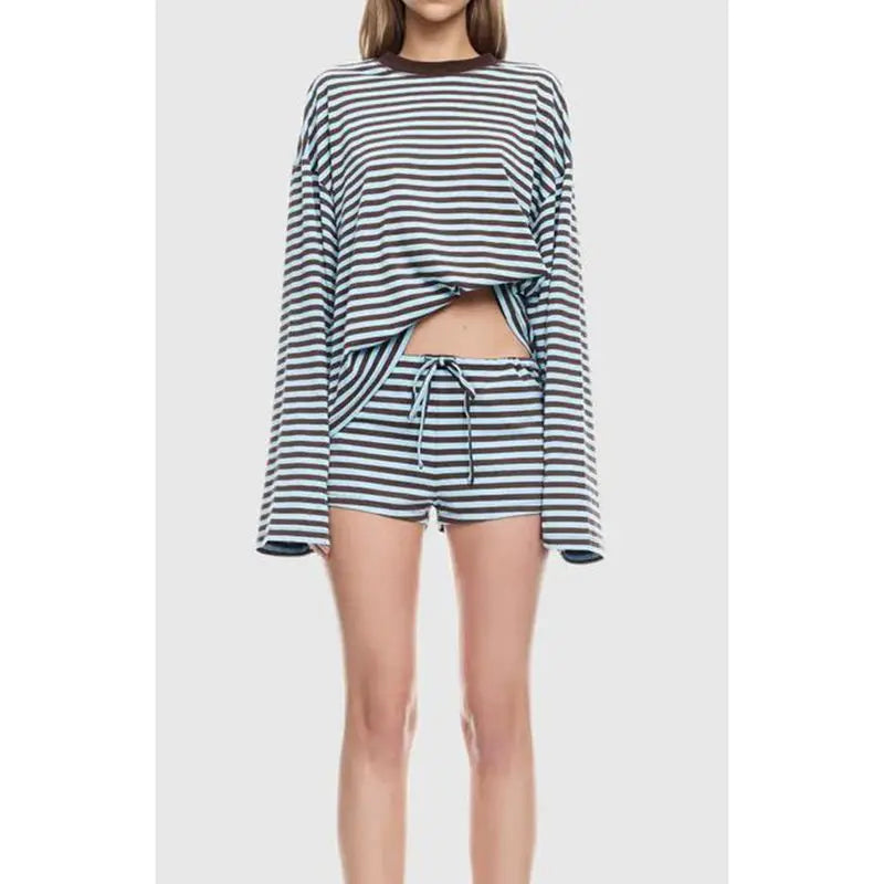 Combhasaki 2-teiliges gestreiftes Loungewear-Outfit-Set für Damen, langärmelig, Rundhalsausschnitt, lockeres Pullover-Shirt + Shorts mit Kordelzug, Trainingsanzüge
