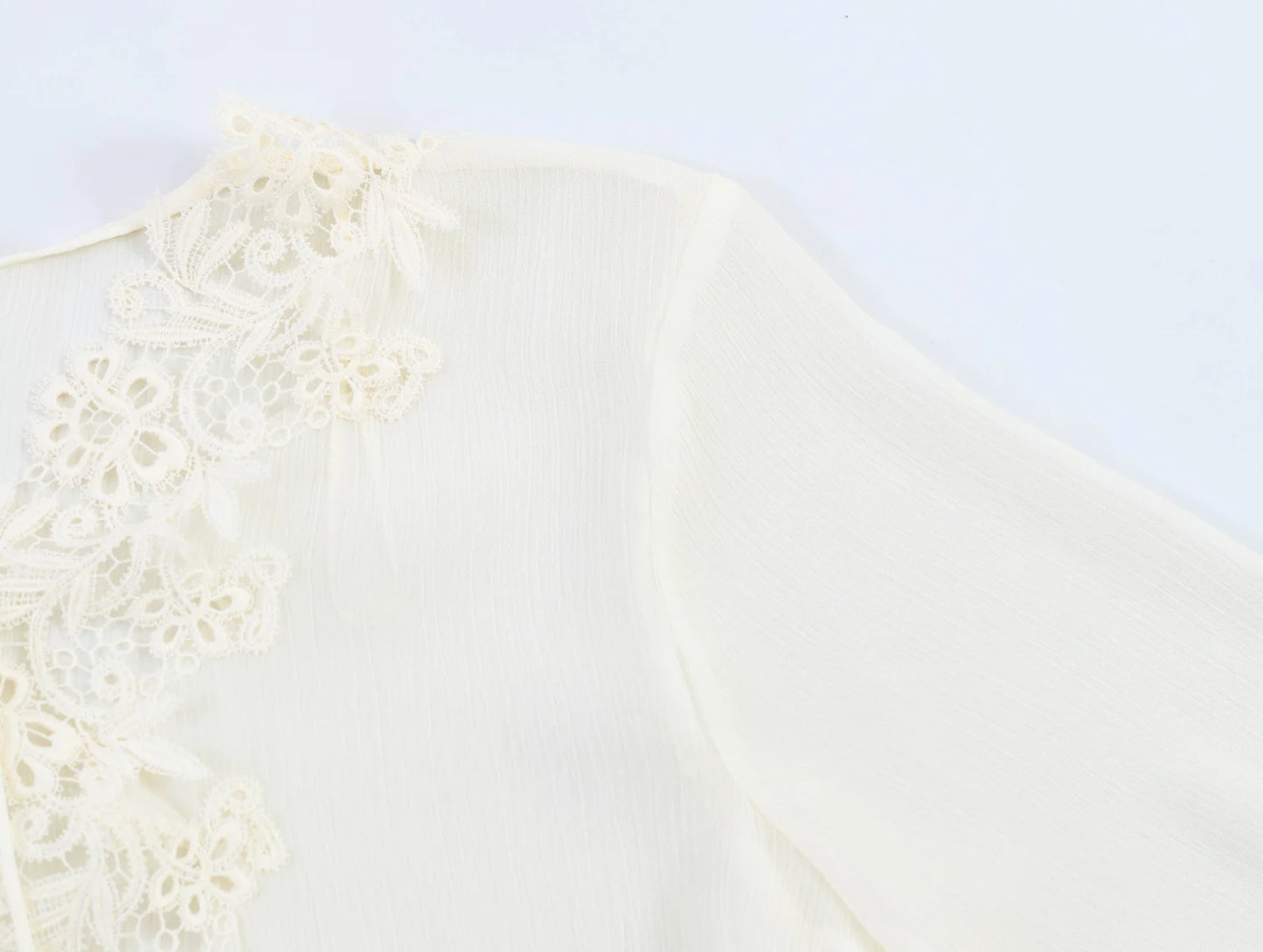 TFMLN New Women Blouse Fashionable Flare Sleeve Lace Spliced Semi-Sheer Cardigan Lace Up Tops Elegant Ruffled V Neck Shirt