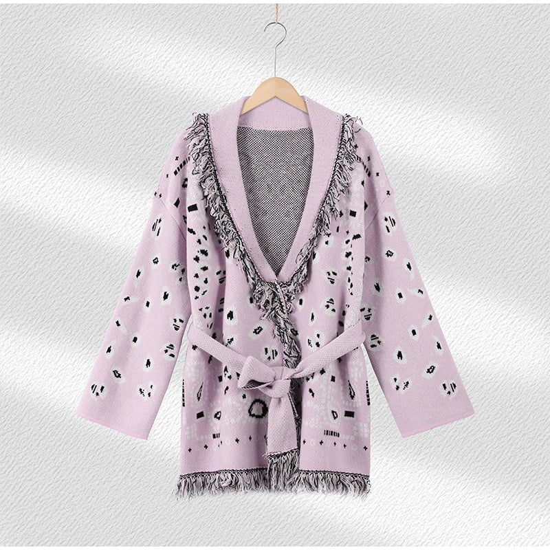 2026 frühling Quaste Gestrickte Jacquard frauen Strickjacken Lose Patchwork V-ausschnitt Langarm Dicke Warme Pullover Dame Neue Strickwaren