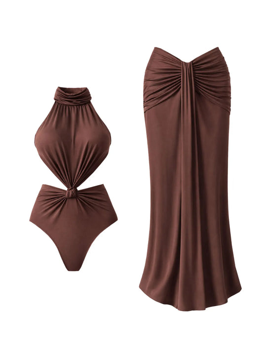 Luxury Waistless Women One Piece Swimsuit With Skirt Fashion Sexy Halter Lady Swimwear Slimming Bodysuit Party Dress Beachwear