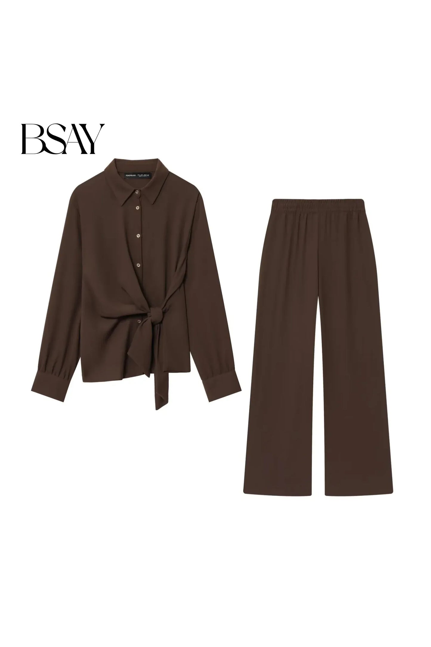 BSAY Hosen set 2 stücke anzug 2025 herbst neue revers lange ärmeln knoten verziert hemd oder elastische hohe taille breite bein hosen mujer
