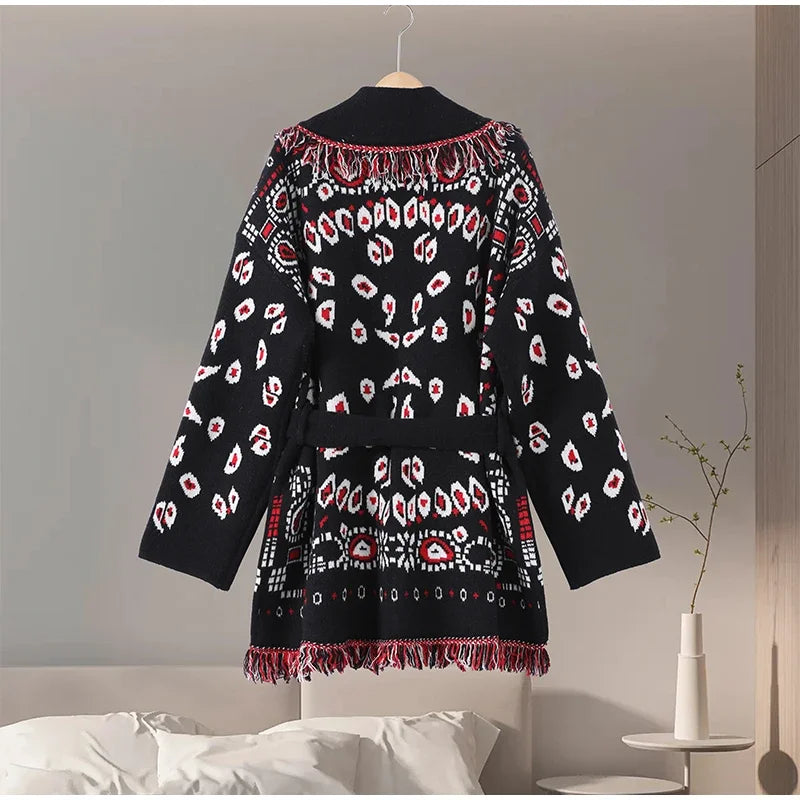 2026 frühling Quaste Gestrickte Jacquard frauen Strickjacken Lose Patchwork V-ausschnitt Langarm Dicke Warme Pullover Dame Neue Strickwaren
