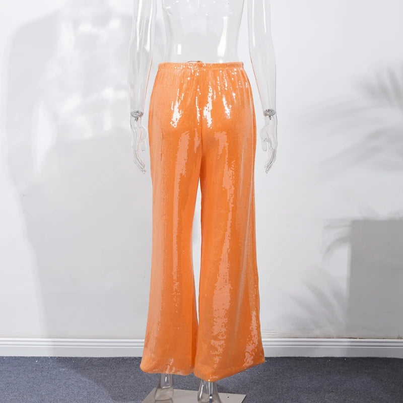 Fashion Sequin Loose Pants Women Solid Drawstring High Waist Wide Leg Trousers Female 2026 Fashion Summer Shinny Bottom Lady