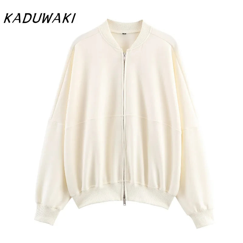 KADUWAKI Herbst Dame Casual Outfit Einfarbig Zipper Up Bomber Jacke Gerippte Borte Ausgestelltes Kordelzug Hose frauen Zwei Stück set