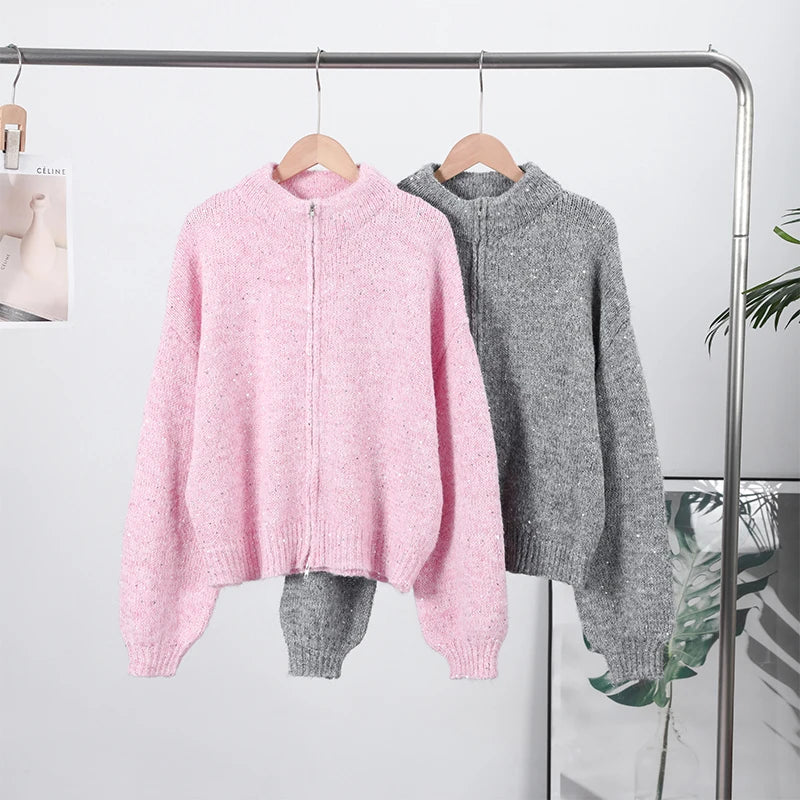 Casual Pailletten Lose Pullover Frauen Volle Hülse Gestrickte Solide Shinny Revers Reißverschlüsse Pullover Weibliche 2026 Frühling Dame Outwears