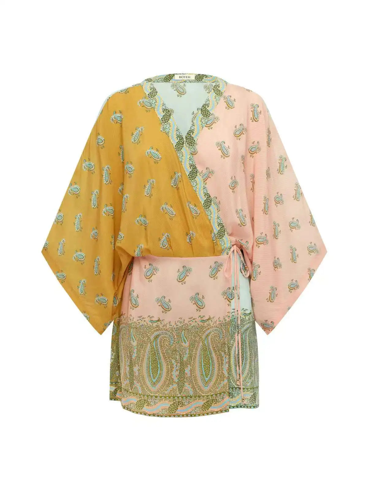 Bohemian Paisley Print Wrap Blouse Women V Neck Kimono Sleeve Self Tie Side Split Tunic Top Summer Beach Cover Up Casual Boho Ho