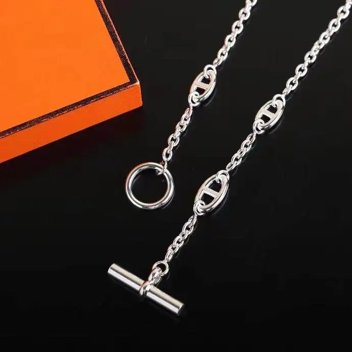 Halskette im Industrial-Stil mit Schweinenasen-Design, lange 925er Silber-Schulterkette mit mehreren Schichten, luxuriöse Halskette