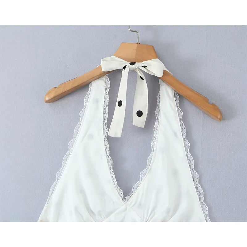 YENKYE Lace Spliced Polka Dot Halter Dress Women Elegant A-line Mini Sexy Backless Dresses Summer Robe 2025