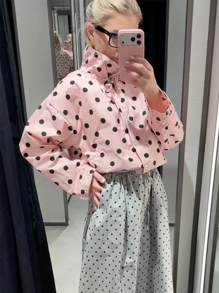 HH Damen Langarm Rosa Gepunktete Jacke Modische Einreihige Hochkragen Kurze Jacke Damen Frühling Lässige High-Street-Jacke