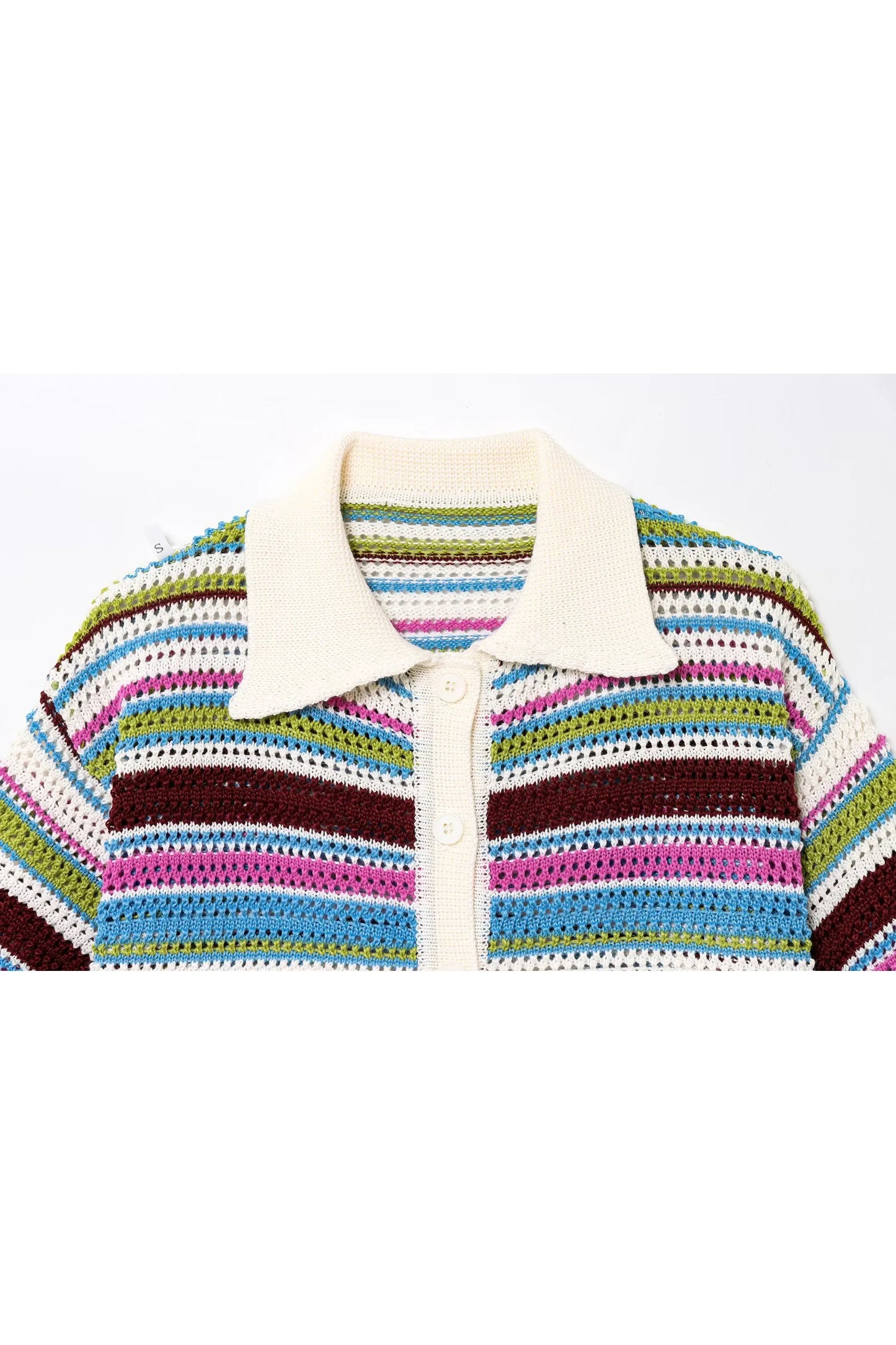 Frauen Patchwork Gestreiften Aushöhlen Häkeln Gestrickte Crop Pullover Shorts Set Kurzarm Polo Kragen Pullover Stricken Shorts Anzug Y2K